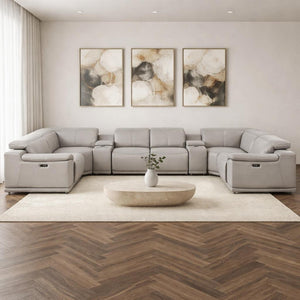 HomeRoots Ash Gray Leather Modular U-Shaped Sectional Sofa with Console, Power Recline & Contemporary Style 643928