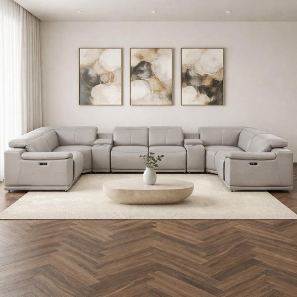 HomeRoots Ash Gray Leather Modular U-Shaped Sectional Sofa with Console, Power Recline & Contemporary Style 643928