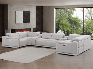 HomeRoots Ash Gray Leather Modular U-Shaped Sectional Sofa with Console, Power Recline & Contemporary Style 643928