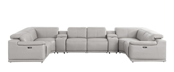 HomeRoots Ash Gray Leather Modular U-Shaped Sectional Sofa with Console, Power Recline & Contemporary Style 643928