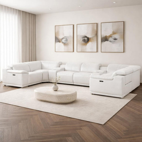 HomeRoots White Leather Modular U-Shaped Eight-Piece Sectional Sofa with Console for Ultimate Comfort & Style 643929