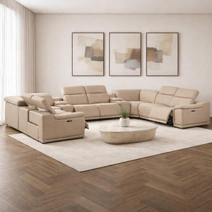 HomeRoots Beige Leather U-Shaped Modular Sectional: 10-Piece Corner Sofa with Power Recline & Console Storage 643931