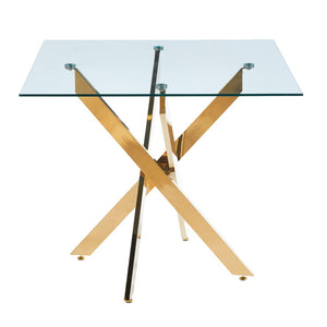English Elm Dining Table Square Tempered Glass Top Cross Metal Base Modern Space Saving Design W234P235264