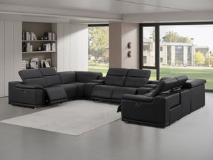 HomeRoots Black Leather Modular U-Shaped Sectional Sofa - 10-Piece with Console, Power Recline & Versatile Design 643932