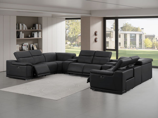 HomeRoots Black Leather Modular U-Shaped Sectional Sofa - 10-Piece with Console, Power Recline & Versatile Design 643932