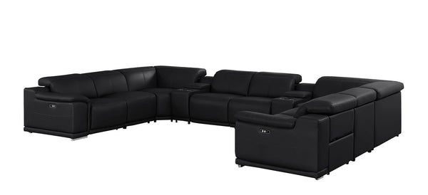 HomeRoots Black Leather Modular U-Shaped Sectional Sofa - 10-Piece with Console, Power Recline & Versatile Design 643932