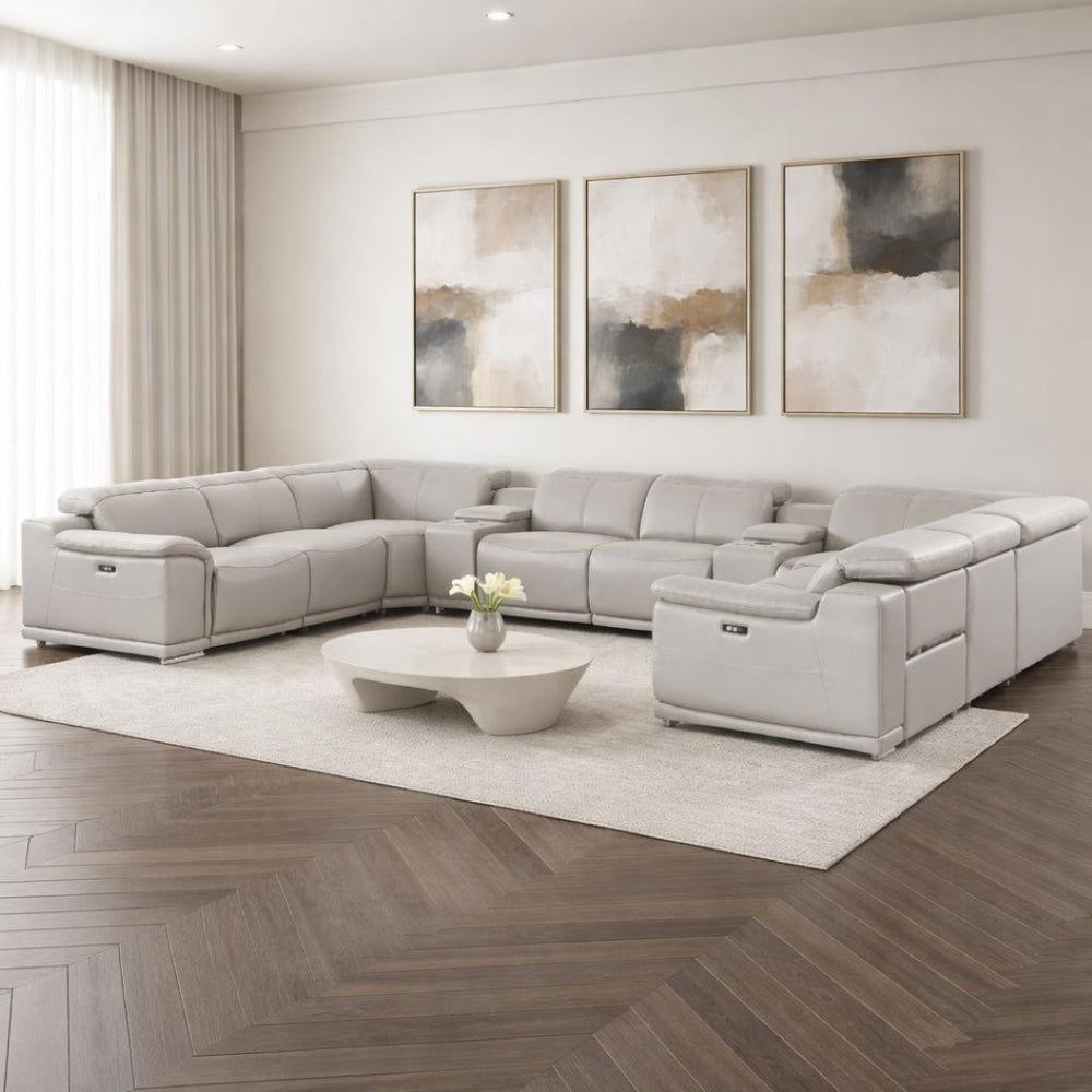 HomeRoots Ash Gray Leather U-Shaped Modular Sectional Sofa with Console, Recline, USB & Modern Elegance 643934