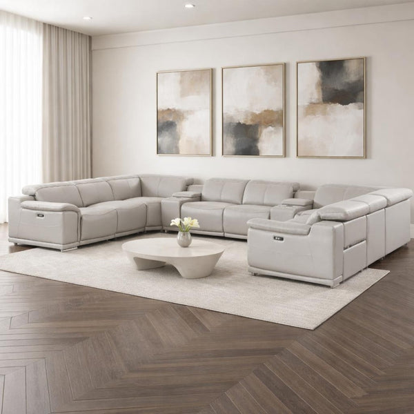 HomeRoots Ash Gray Leather U-Shaped Modular Sectional Sofa with Console, Recline, USB & Modern Elegance 643934