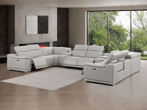 HomeRoots Ash Gray Leather U-Shaped Modular Sectional Sofa with Console, Recline, USB & Modern Elegance 643934