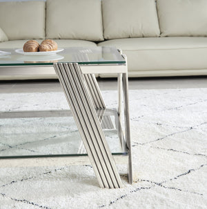 English Elm 47" Wide Modern Stainless Steel Coffee Table With Clear Glass Top & Storage, Easy Assembly, Silver W2978S00003