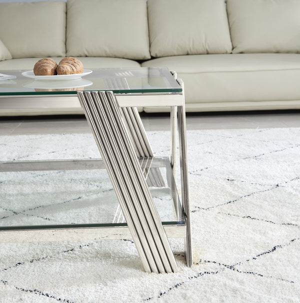 English Elm 47" Wide Modern Stainless Steel Coffee Table With Clear Glass Top & Storage, Easy Assembly, Silver W2978S00003