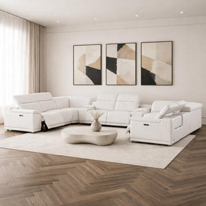 HomeRoots White Leather Modular U-Shaped Ten-Piece Sectional with Console – Power Reclining & Luxurious Comfort 643935