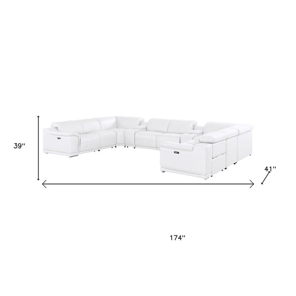 HomeRoots White Leather Modular U-Shaped Ten-Piece Sectional with Console – Power Reclining & Luxurious Comfort 643935