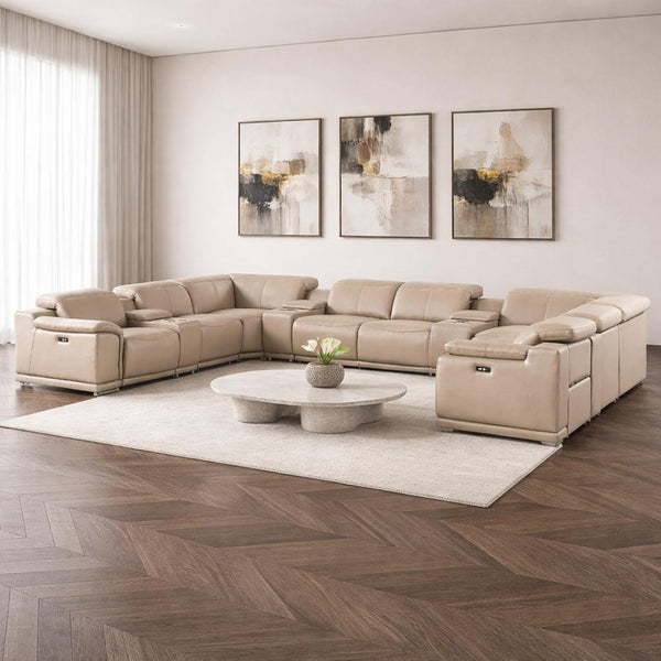 HomeRoots Beige Leather Modular U-Shaped Corner Sectional Sofa with Console & Power Recline for Luxury Comfort 643937