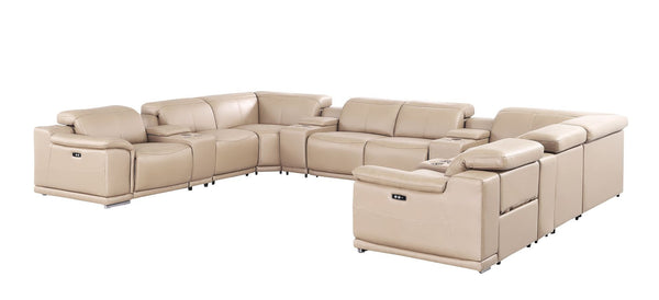 HomeRoots Beige Leather Modular U-Shaped Corner Sectional Sofa with Console & Power Recline for Luxury Comfort 643937
