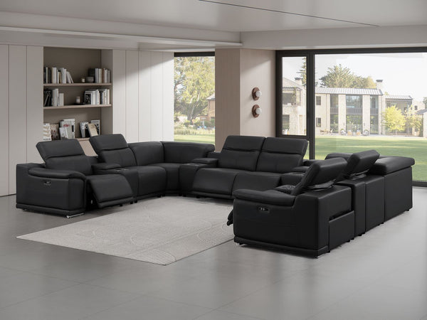 HomeRoots Black Leather Modular U-Shaped 12-Piece Sectional with Console - Power Recline & Luxurious Comfort 643938