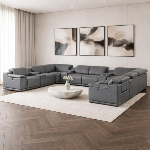 HomeRoots Battleship Gray Leather U-Shaped Modular Sectional Sofa with Console for Luxurious Comfort & Style 643939