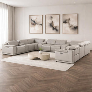 HomeRoots Ash Gray Leather Modular U-Shaped Sectional Sofa with Console, Recliners & USB Ports for Comfort 643940