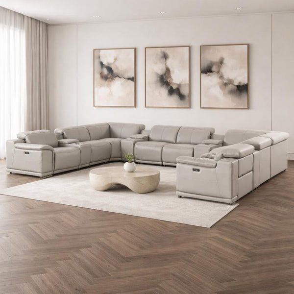 HomeRoots Ash Gray Leather Modular U-Shaped Sectional Sofa with Console, Recliners & USB Ports for Comfort 643940