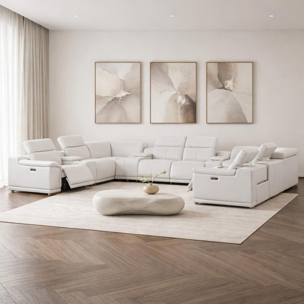 HomeRoots White Leather Modular U-Shaped 12-Piece Sectional Sofa with Console - Luxurious Comfort & Style 643941
