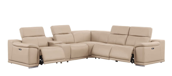 HomeRoots Beige Leather Modular L-Shaped Sectional Sofa with Console, Power Recline & USB Charging Ports 643942