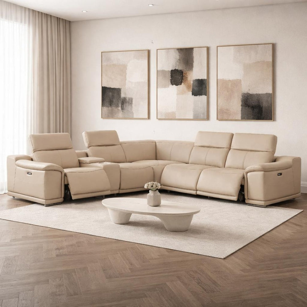 HomeRoots Beige Leather Modular L-Shaped Sectional Sofa with Console, Power Recline & USB Charging Ports 643942