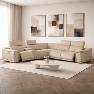HomeRoots Beige Leather Modular L-Shaped Sectional Sofa with Console, Power Recline & USB Charging Ports 643942