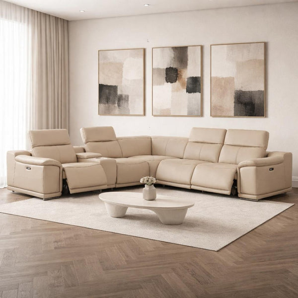 HomeRoots Beige Leather Modular L-Shaped Sectional Sofa with Console, Power Recline & USB Charging Ports 643942