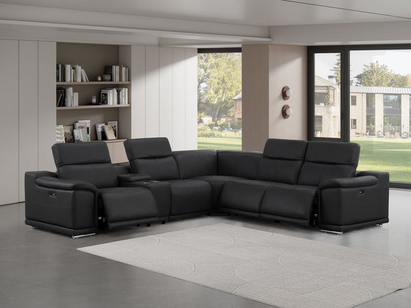 HomeRoots Black Leather Modular L-Shaped Sectional Sofa with Console, Power Recline & Customizable Layout Options 643943