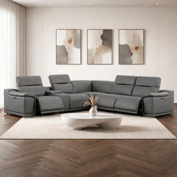 HomeRoots Battleship Gray Leather Modular L-Shaped Sectional Sofa with Console - Comfort & Style for Living Spaces 643944