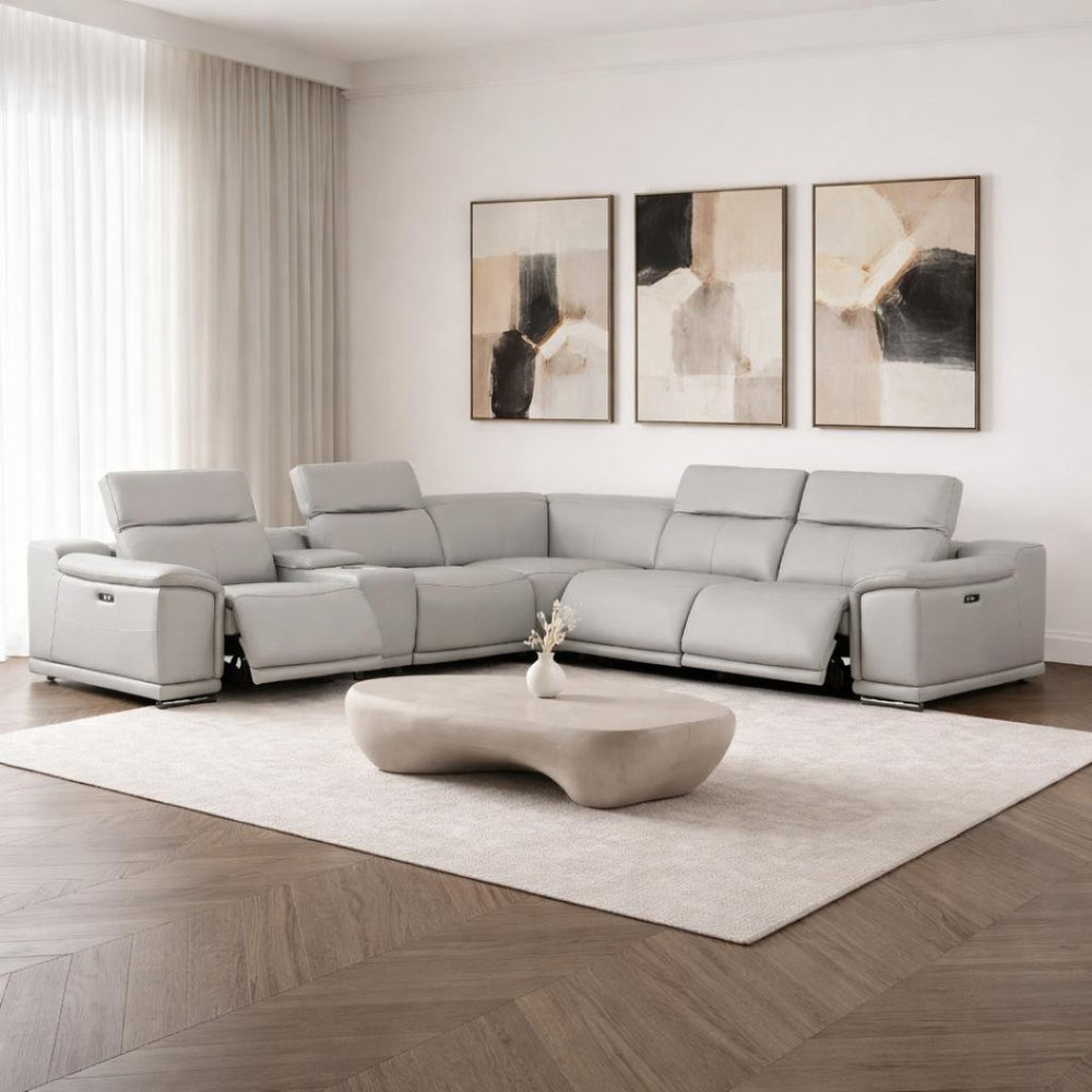 HomeRoots Ash Gray Leather Modular L-Shaped Sectional Sofa with Console – Stylish Comfort for Modern Living 643945