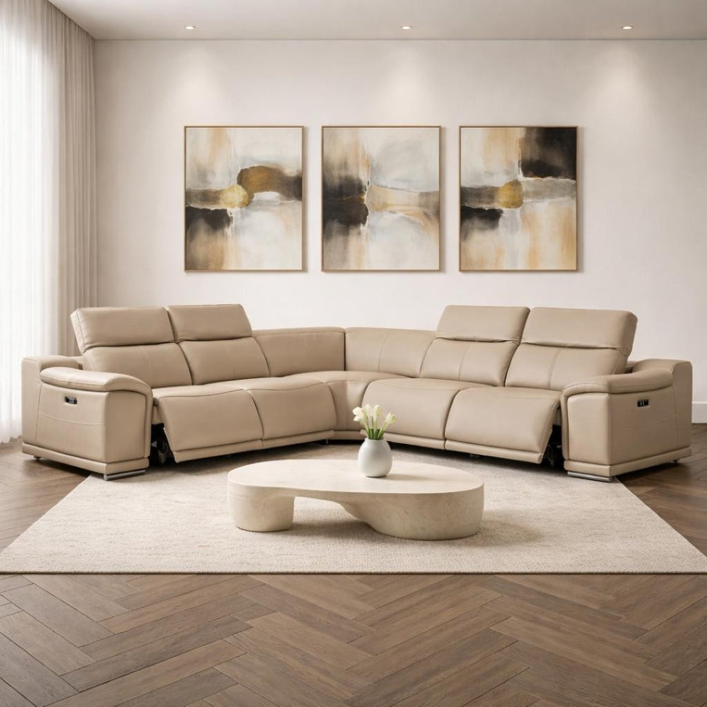 HomeRoots Beige Leather Modular L-Shaped Sectional Sofa - 5-Piece Power Recline Comfort for Modern Living 643948