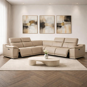 HomeRoots Beige Leather Modular L-Shaped Sectional Sofa - 5-Piece Power Recline Comfort for Modern Living 643948