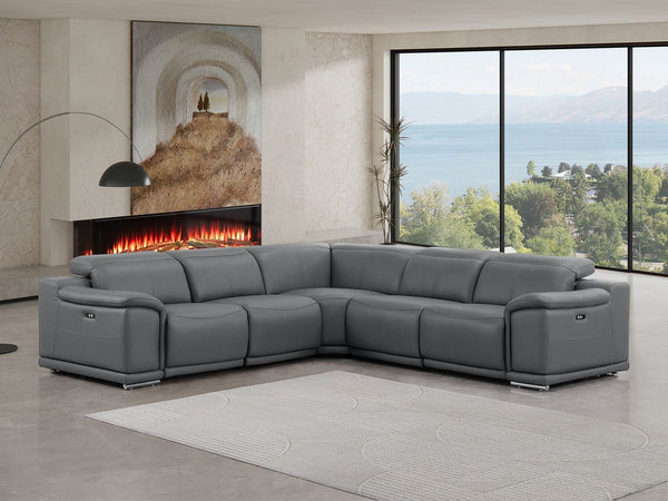 HomeRoots Battleship Gray Leather Modular L-Shaped Sectional with Power Recline & USB Ports for Modern Comfort 643950