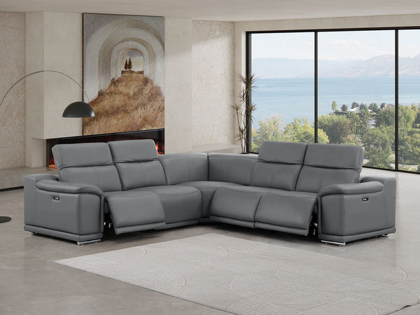 HomeRoots Battleship Gray Leather Modular L-Shaped Sectional with Power Recline & USB Ports for Modern Comfort 643950