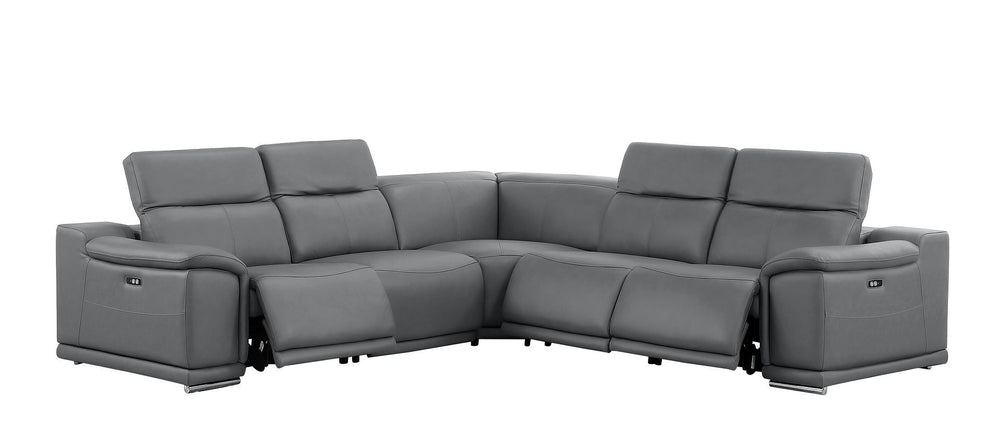 HomeRoots Battleship Gray Leather Modular L-Shaped Sectional with Power Recline & USB Ports for Modern Comfort 643950