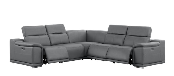 HomeRoots Battleship Gray Leather Modular L-Shaped Sectional with Power Recline & USB Ports for Modern Comfort 643950
