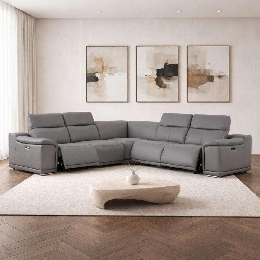 HomeRoots Battleship Gray Leather Modular L-Shaped Sectional with Power Recline & USB Ports for Modern Comfort 643950