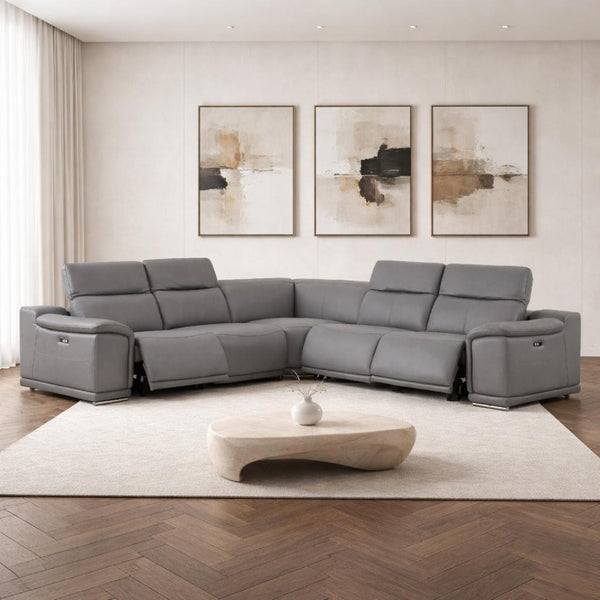 HomeRoots Battleship Gray Leather Modular L-Shaped Sectional with Power Recline & USB Ports for Modern Comfort 643950