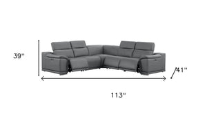 HomeRoots Battleship Gray Leather Modular L-Shaped Sectional with Power Recline & USB Ports for Modern Comfort 643950