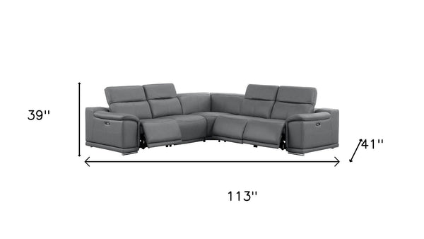 HomeRoots Battleship Gray Leather Modular L-Shaped Sectional with Power Recline & USB Ports for Modern Comfort 643950