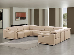 HomeRoots Beige Leather Modular U-Shaped Sectional Sofa - 8-Piece Power Recline Comfort & Style for Living Rooms 643953
