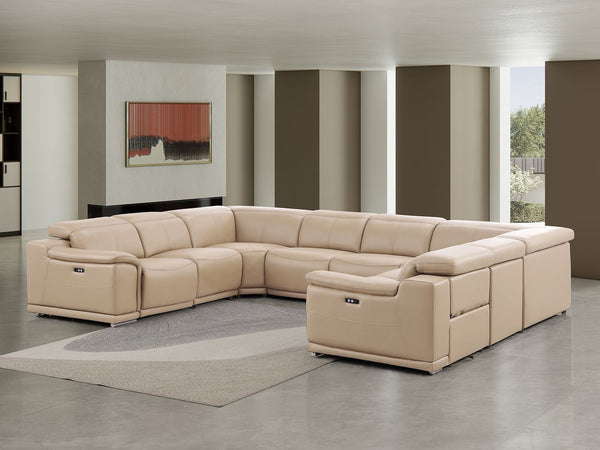 HomeRoots Beige Leather Modular U-Shaped Sectional Sofa - 8-Piece Power Recline Comfort & Style for Living Rooms 643953