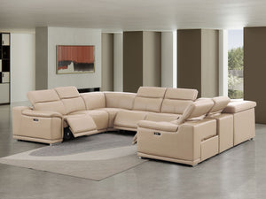 HomeRoots Beige Leather Modular U-Shaped Sectional Sofa - 8-Piece Power Recline Comfort & Style for Living Rooms 643953