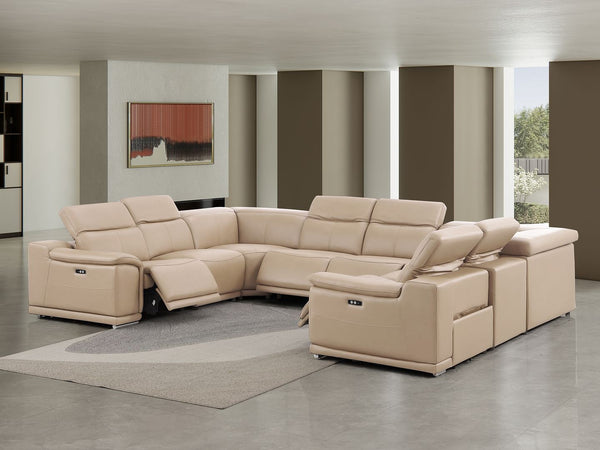 HomeRoots Beige Leather Modular U-Shaped Sectional Sofa - 8-Piece Power Recline Comfort & Style for Living Rooms 643953
