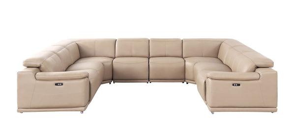 HomeRoots Beige Leather Modular U-Shaped Sectional Sofa - 8-Piece Power Recline Comfort & Style for Living Rooms 643953