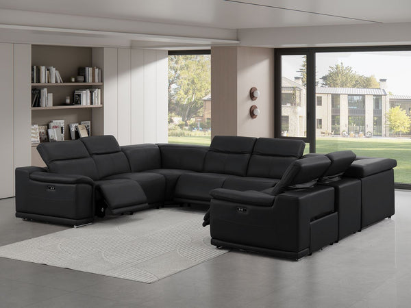 HomeRoots Black Leather U-Shaped Modular Sectional Sofa with Power Recline - Luxurious Comfort & Style! 643955