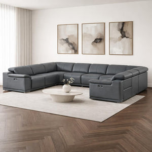 HomeRoots Battleship Gray Leather U-Shaped Sectional Sofa: Luxurious Eight-Piece Modular Comfort & Style 643956
