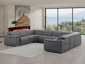 HomeRoots Battleship Gray Leather U-Shaped Sectional Sofa: Luxurious Eight-Piece Modular Comfort & Style 643956