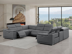 HomeRoots Battleship Gray Leather U-Shaped Sectional Sofa: Luxurious Eight-Piece Modular Comfort & Style 643956